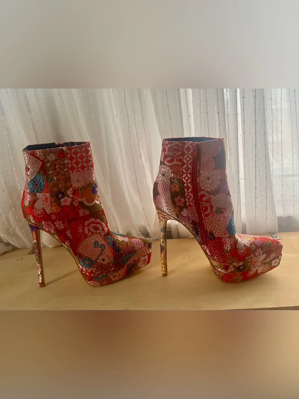 Red Multi Floral Jacquard Platform Ankle Boots